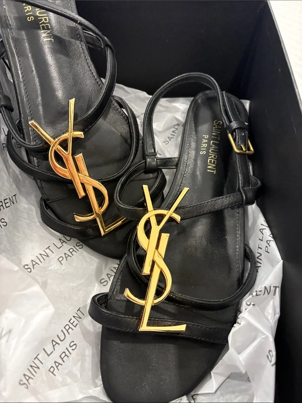 Saint Laurent Black Leather Strap Sandals with Gold YSL Logo - Picture 3 of 7